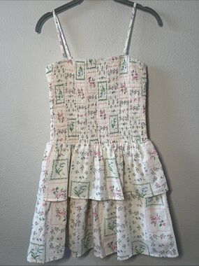 art class Cream Dress with Pink and Green Floral Trim